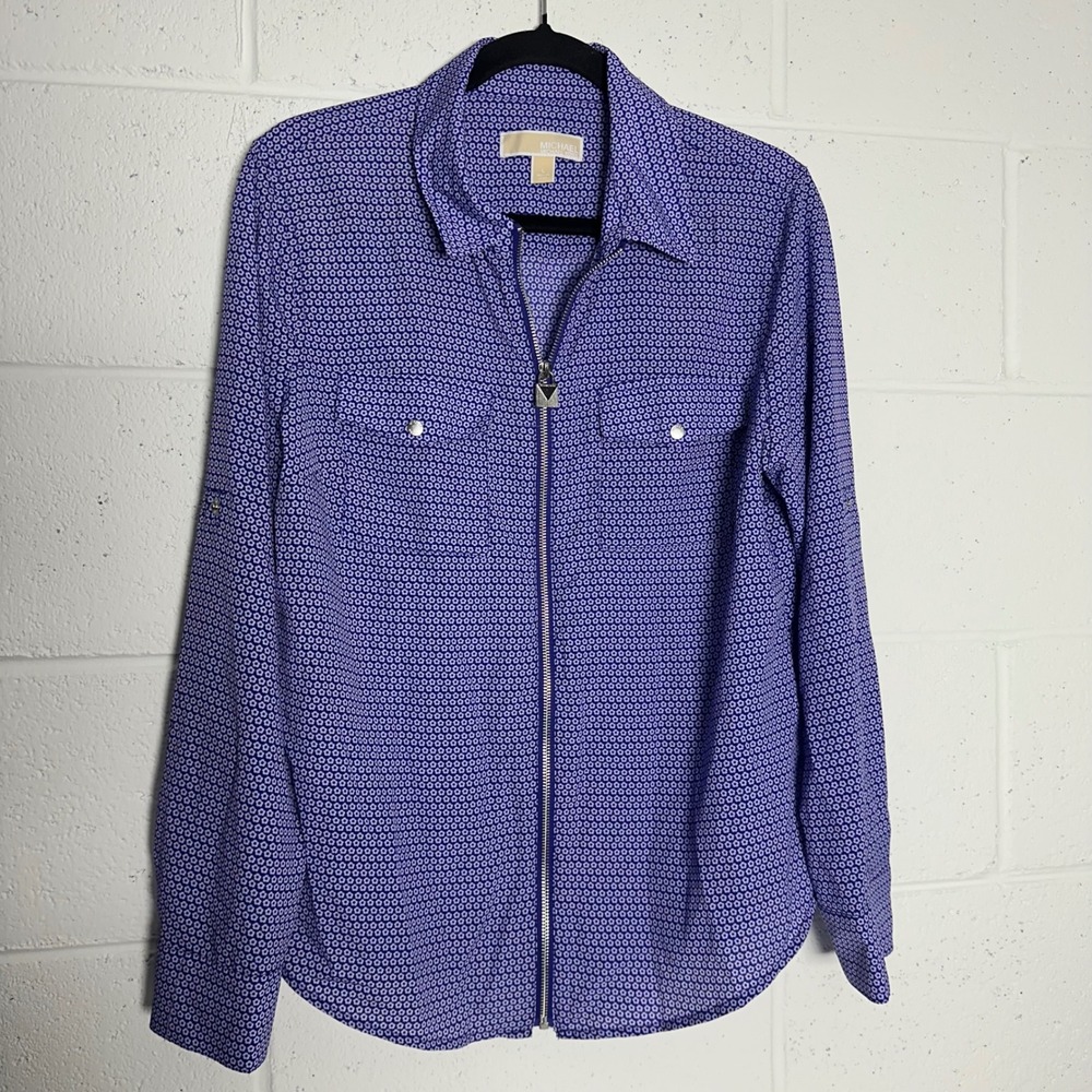 Michael Kors Purple Floral Geometric Zip‎ Front Roll Tab Sleeve Blouse Large - Picture 2 of 6